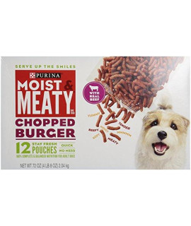 Purina Moist & Meaty Dog Food, Chopped Burger, 12 Pouches, 6 oz each