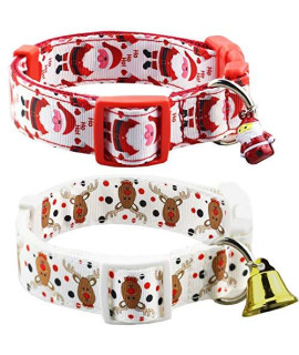 Bolbove Pack of 2 Adjustable Pet Christmas Festive Santa Bell Collars for Dogs Holiday Season (Large, Red Santa + White Reindeer)