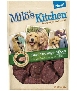MiloS Kitchen Dog Treats Beef Sausage Slices With Rice 3-Ounce (Pack Of 4)
