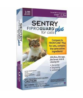 SENTRY Fiproguard Plus for Cats, Flea and Tick Prevention for Cats (1.5 Pounds and Over), Includes 3 Month Supply of Topical Flea Treatments