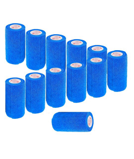 4 Inch Vet Wrap Tape Bulk (Blue) (Pack Of 12) Self Adhesive Adherent Adhering Flex Bandage Grip Roll For Dog Cat Pet Horse