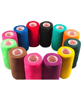 3 Inch Vet Wrap Tape Bulk (Assorted Colors) (Pack of 6) Self Adhesive Adherent Adhering Flex Bandage Grip Roll for Dog Cat Pet Horse