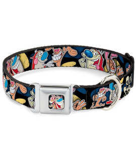 Ren and Stimpy Dog Collar Seatbelt Buckle Ren Stimpy Poses Black Blue Yellow 15 to 26 Inches 1.0 Inch Wide, Multicolor (DC-WRN001-L)