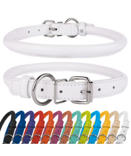 CollarDirect Rolled Leather Dog Collar, Soft Padded Round Puppy Collar, Handmade Genuine Leather Collar Dog Small Large Cat Collars 13 Colors (7-9 Inch, White Textured)