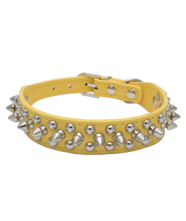 Dogs Kingdom 10-24 Length Soft Leather Mushrooms Rivet And Spikes Studded Adjustable Buckle Pet Puppy Dog Collar For Small Medium Large Dogs Breeds Yellow Xxs