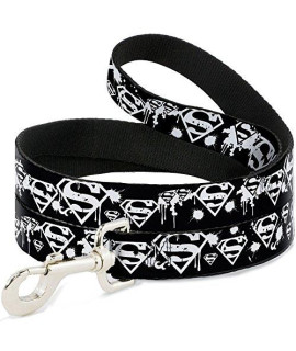 Dog Leash Superman Shield Splatter Black White 6 Feet Long 1.5 Inch Wide