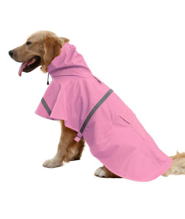 Nacoco Large Dog Raincoat Adjustable Pet Water Proof Clothes Lightweight Rain Jacket Poncho Hoodies With Strip Reflective (L, Pink)