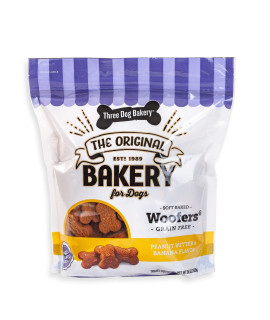 Three Dog Bakery Grain Free Soft Baked Woofers, Peanut Butter & Banana Flavor, Premium Treats for Dogs, 36 Ounce Bulk Resealable Pack (114038)