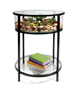 Round Terrarium Display End Table with Reinforced Glass in Black Iron- 20" Diameter, 26.5" Height- Great Indoor Decor for Any Home or Office- DIY Garden for Fern Moss Succulents Great