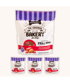 Three Dog Bakery Soft Baked PB&J Bites, Peanut Butter & Strawberry Flavor, Premium Treats for Dogs, 24 Ounce Box, 4-Pack
