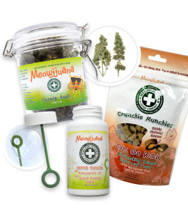 Meowijuana catatonic Bundle Salmon crunchie Munchies, Jar of catnip Buds, and catnip Bubbles Organic grown in The USA Promotes Play and cat Health Feline and cat Lover Approved