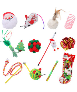 Cats Favorite Toy Bundle 11pcs Assorted Party Pack Variety Mouse, Ball, Catnip, Wand, Feather, Crinkle, Bell, Spring, Holiday (Christmas)