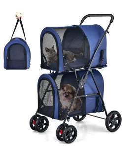 Giantex Double Pet Stroller With 2 Detachable Carrier Bags Safety Belt 4 Lockable Wheels Cat Stroller Travel Carrier Strolling Cart Folding Dog Stroller For Small Medium Dogs Cats Puppy (Navy)