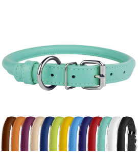 Collardirect Rolled Leather Dog Collar, Soft Padded Round Puppy Collar, Handmade Genuine Leather Collar Dog Small Large Cat Collars 13 Colors (7-9 Inch, Mint Greent Smooth)