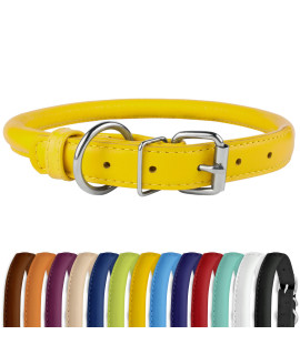 Collardirect Rolled Leather Dog Collar, Soft Padded Round Puppy Collar, Handmade Genuine Leather Collar Dog Small Large Cat Collars 13 Colors (9-12 Inch, Yellow Smooth)