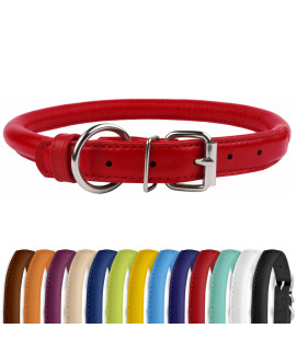 Collardirect Rolled Leather Dog Collar, Soft Padded Round Puppy Collar, Handmade Genuine Leather Collar Dog Small Large Cat Collars 13 Colors (9-12 Inch, Red Smooth)