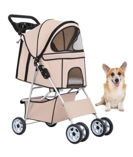 Bestpet Pet Stroller Cat Dog Cage Stroller Travel Folding Carrier,Beige