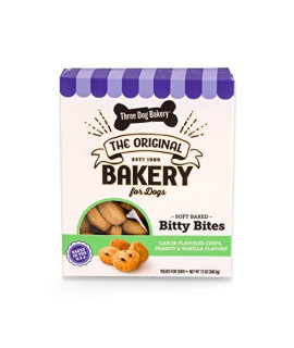 Three Dog Bakery Bitty Bites Trio Soft Baked Cookies for Dogs, Three Flavor Pack; Carob Chip, Peanut, and Vanilla, 13 Ounce Box