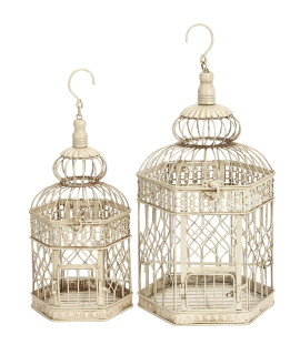 Deco 79 Metal Hexagon Birdcage with Latch Lock Closure and Hanging Hook, Set of 2 21, 18H, Cream