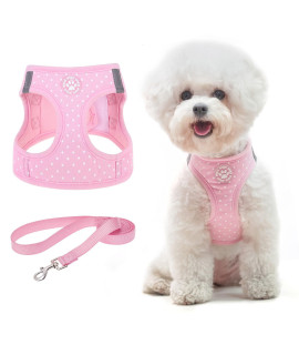 BINGPET Vest Harness for Puppy and Cat, No Pull Adjustable Reflective Step-in Puppy Harness Cute Pink Polka Dot Soft Dog Harness for Small and Medium Dogs