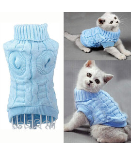 Bro'Bear Cable Knit Turtleneck Sweater for Small Dogs & Cats Knitwear (Blue, Large)