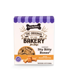 Three Dog Bakery Crunchy Itty Bitty Bones, Peanut Butter Flavor, Premium Treats for Dogs, 13 Ounce Box