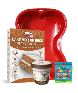 Cake and Ice Cream All Natural Fluffy & Moist Dog Birthday Cake Kit in with Peanut Butter Puppy Cake, Your Choice of Ice Cream Mix, Bone Silicone Pan and 24 Candles (Bacon) Made in USA