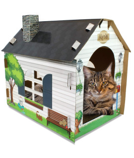ASPCA Cardboard Cat House Hideaway Playhouse with Cat Scratcher Scratching Pad 19L x 13W x 17H