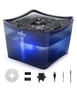 iPettie Kamino Pet Water Fountain, 101oz/3L, Ultra-Quiet Automatic Cat Water Dispenser with LED Light & Water Level Window, Auto Power Off USB Pump & Dual Filters for Cats and Dogs, Translucent Blue