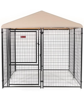 Lucky Dog Stay Series 8' x 8' x 6' Executive Black Powder Coat Steel Frame Large Outdoor Dog Kennel w/Waterproof Canopy Roof & Single Gate Door, Khaki