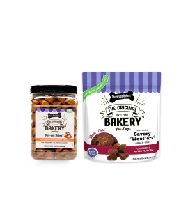 Three Dog Bakery Premium Treats for Dogs, Soft Baked Grain Free Meaty Woofers, Chicken and Apple & Crunchy Petzel Bites with Peanutbutter Filling, 49 Ounces, 2-Pack