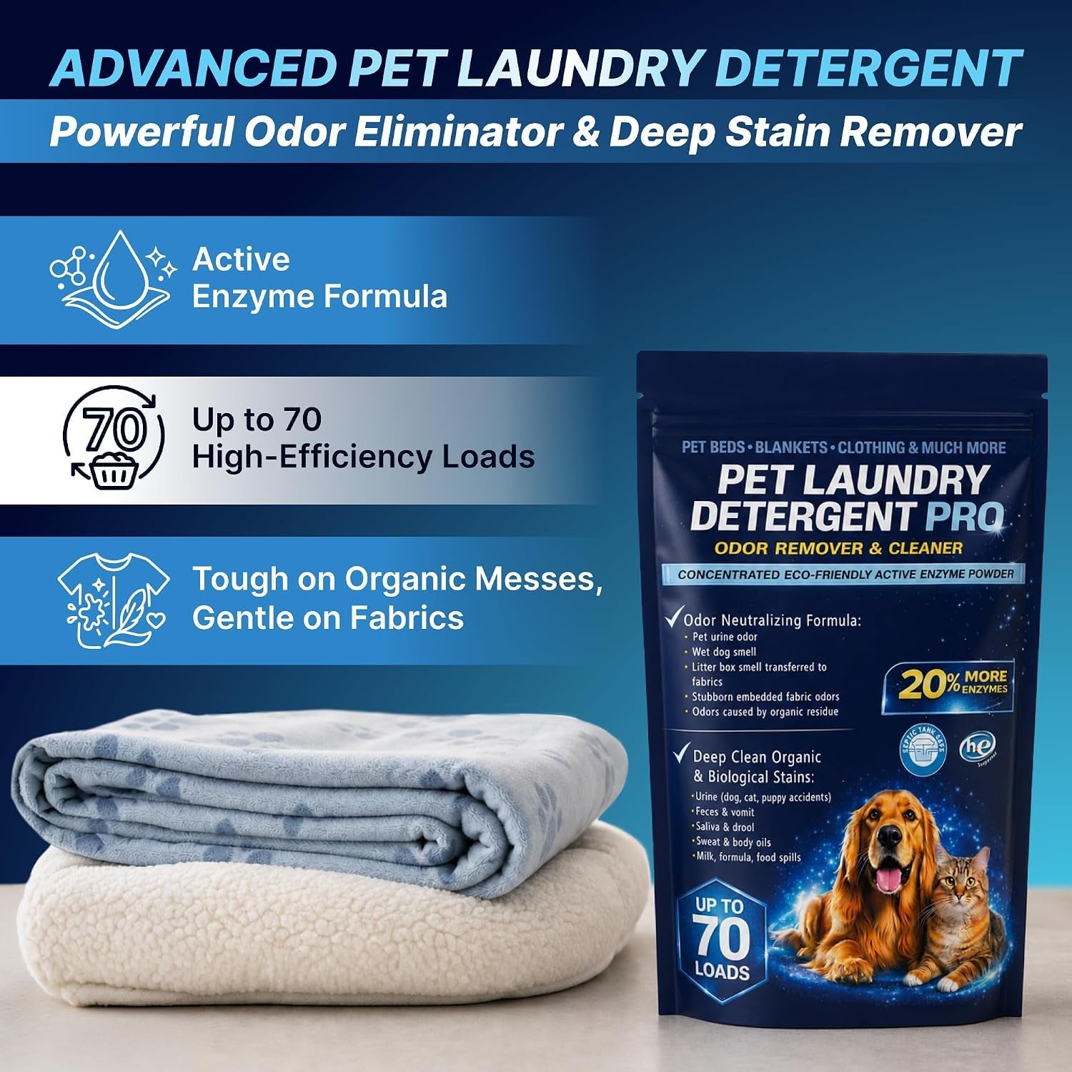 Enzyme Pet Laundry Detergent Powder – Odor & Stain Remover, 70 Loads