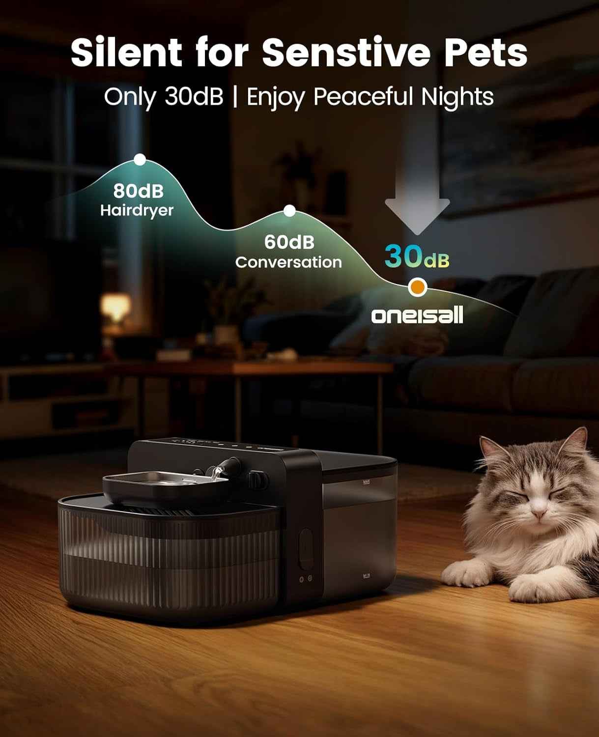Wireless Filterless Cat Water Fountain 3.5L Stainless Steel