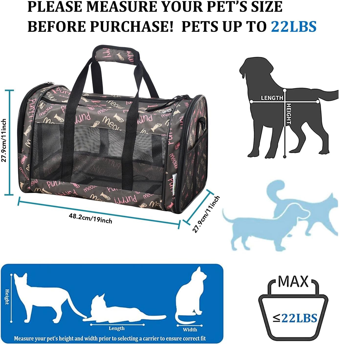 Soft-Sided Pet Carrier for Cats & Small Dogs, 22 lb, 19-Inch