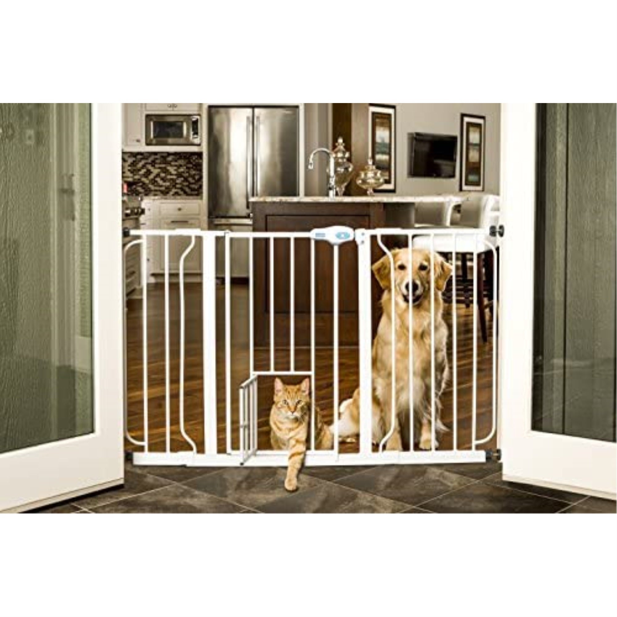 Carlson Pet Products 0934PW/0932PW Extra Wide Walk-Thru Pet Gate with Pet Door White, 29-34Wx30H in