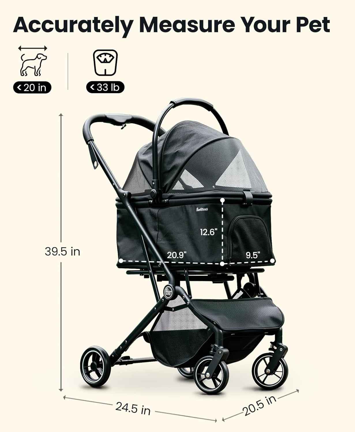 4-Wheel Foldable Pet Stroller with Removable Carrier, Black, 33lb