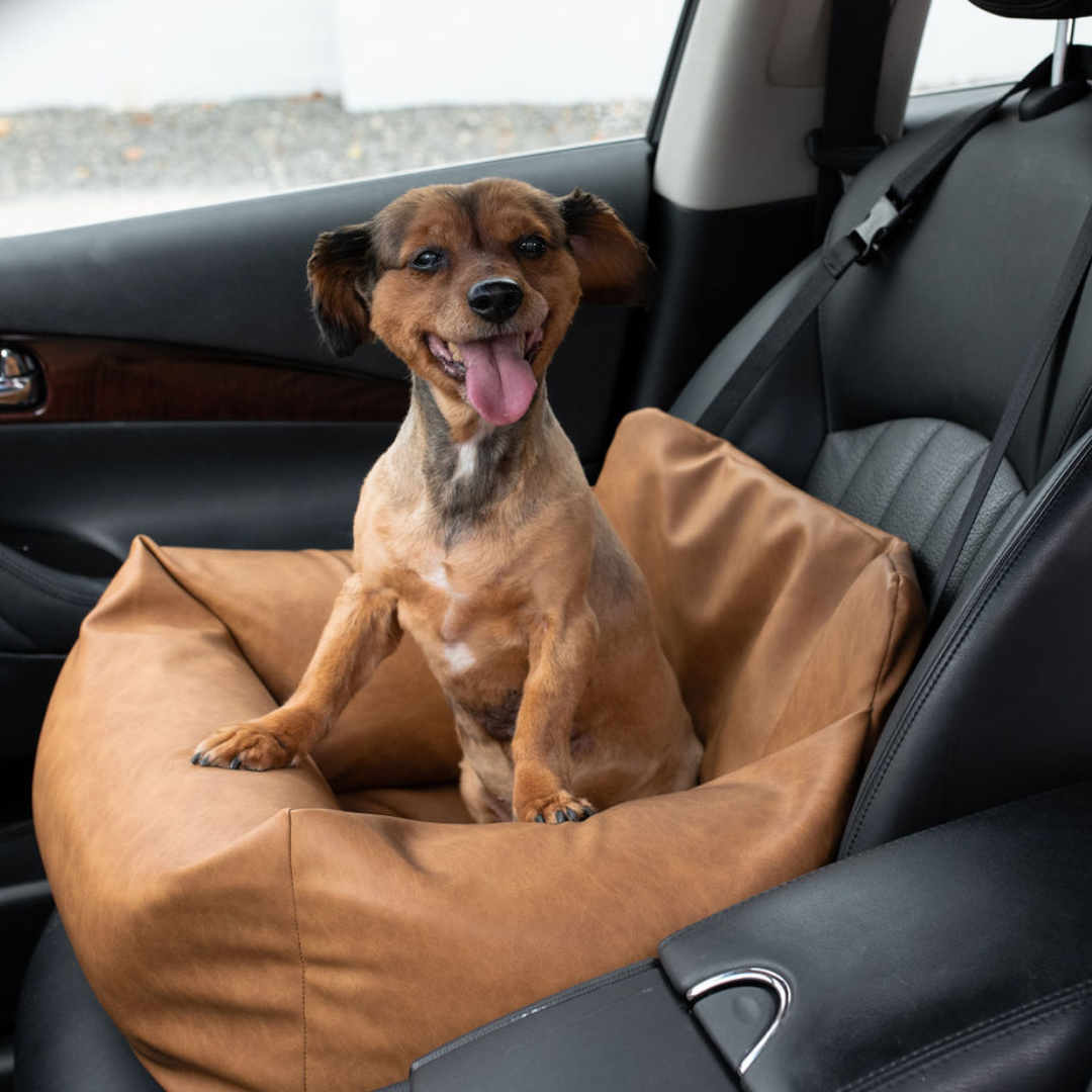 PupProtector™ Faux Cool-to-Touch Vegan Leather Memory Foam Dog Car Bed - Camel