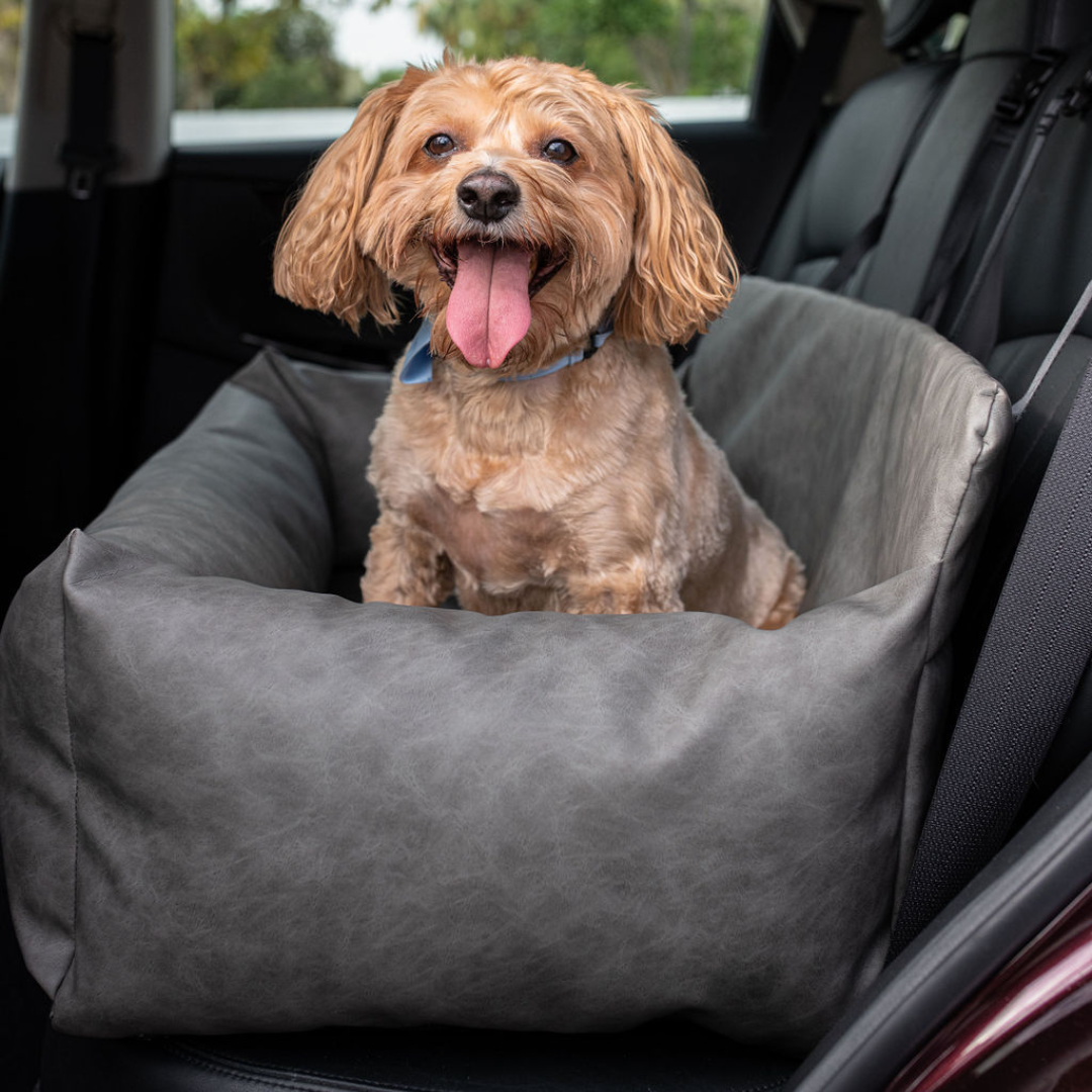 PupProtector™ Faux Cool-to-Touch Vegan Leather Memory Foam Dog Car Bed - Slate Gray