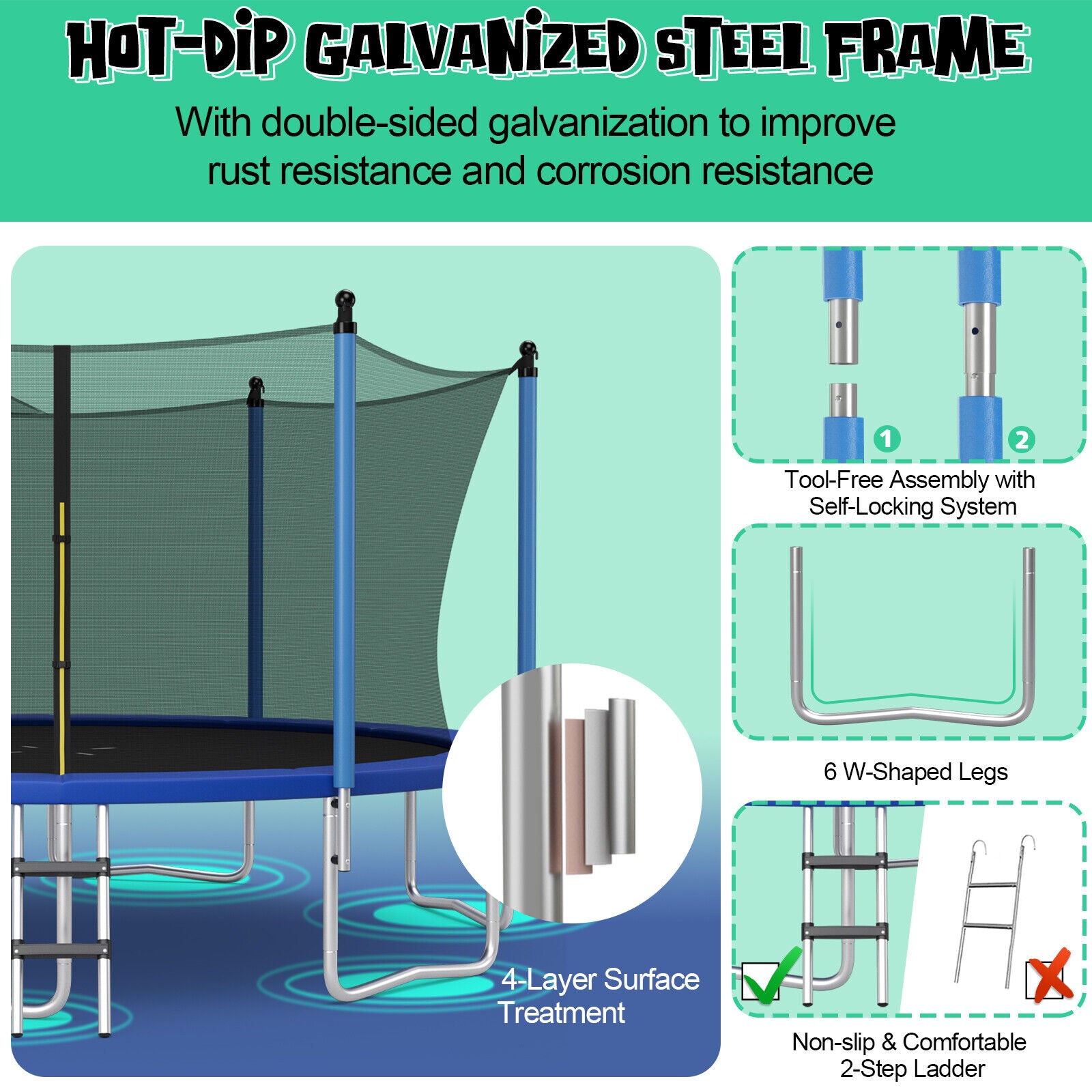 12/14/15/16 Feet Outdoor Recreational Trampoline with Ladder and Enclosure Net-15 ft