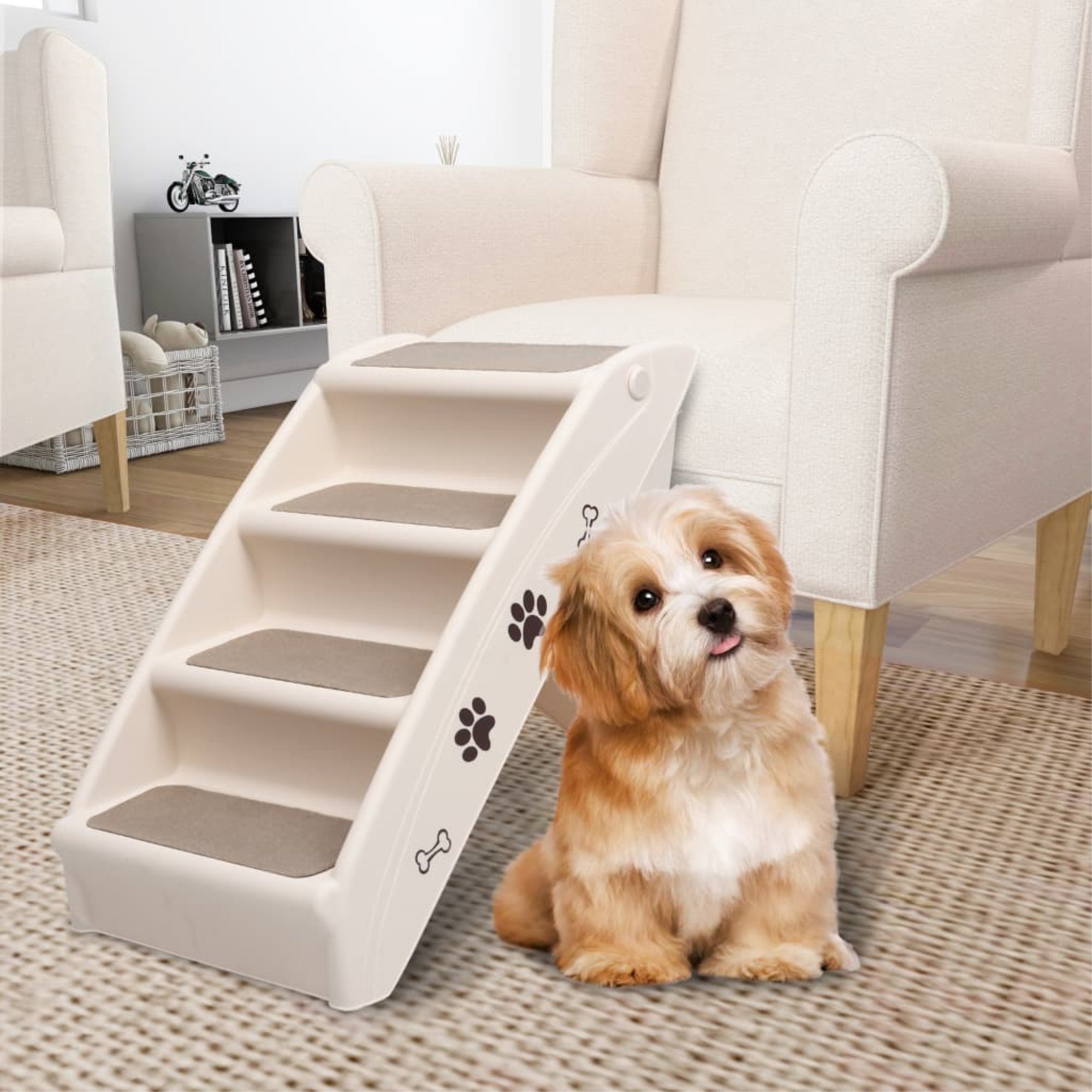 Vidaxl Folding Dog Stairs Cream 24.4Inch X15.7Inch X19.5Inch 