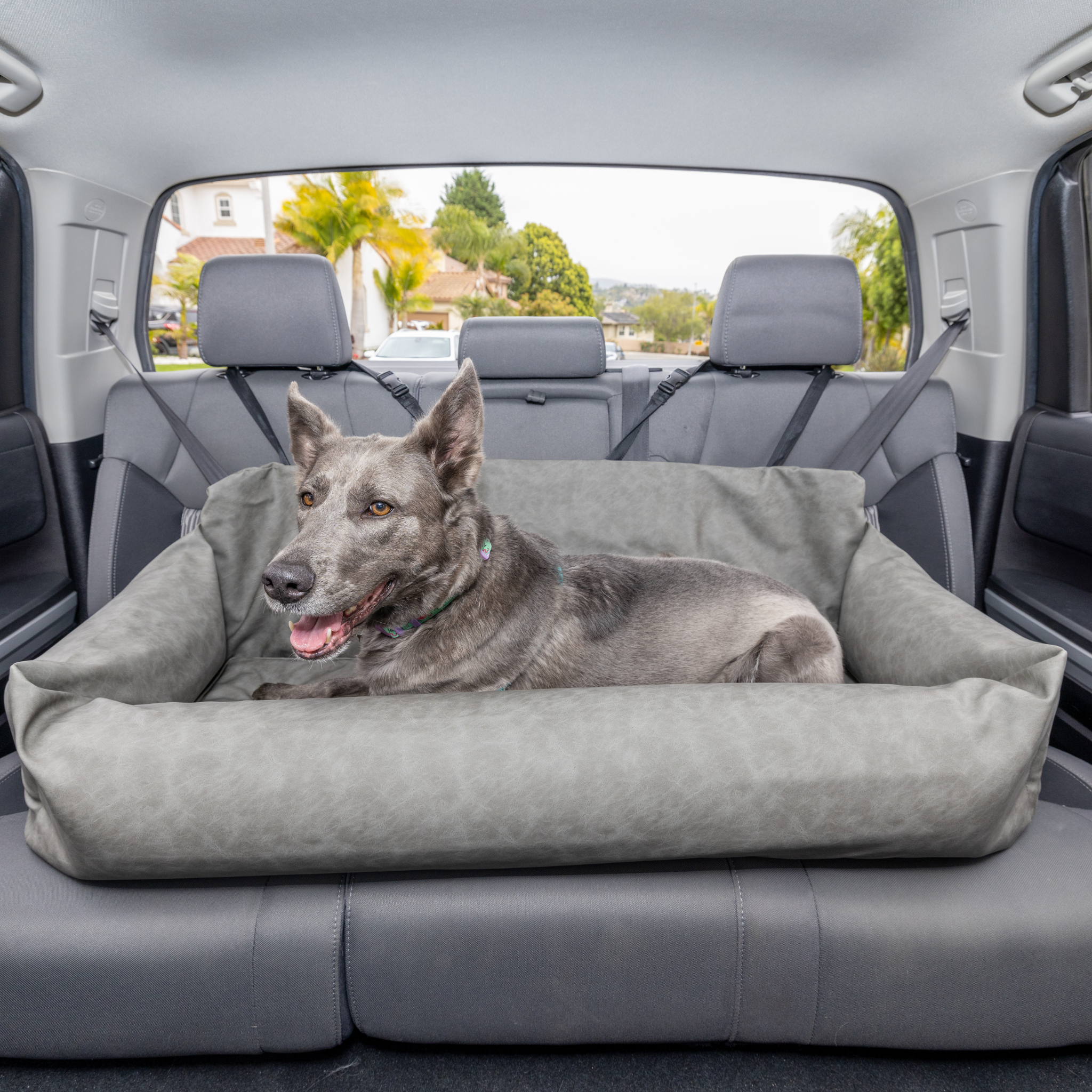 PupProtector™ Faux Cool-to-Touch Vegan Leather Memory Foam Dog Car Bed - Slate Gray