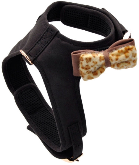 Coastal - Accent Fashion - Microfiber Dog Harness, Mod Black With Leopard Bow, Small (16'-20')