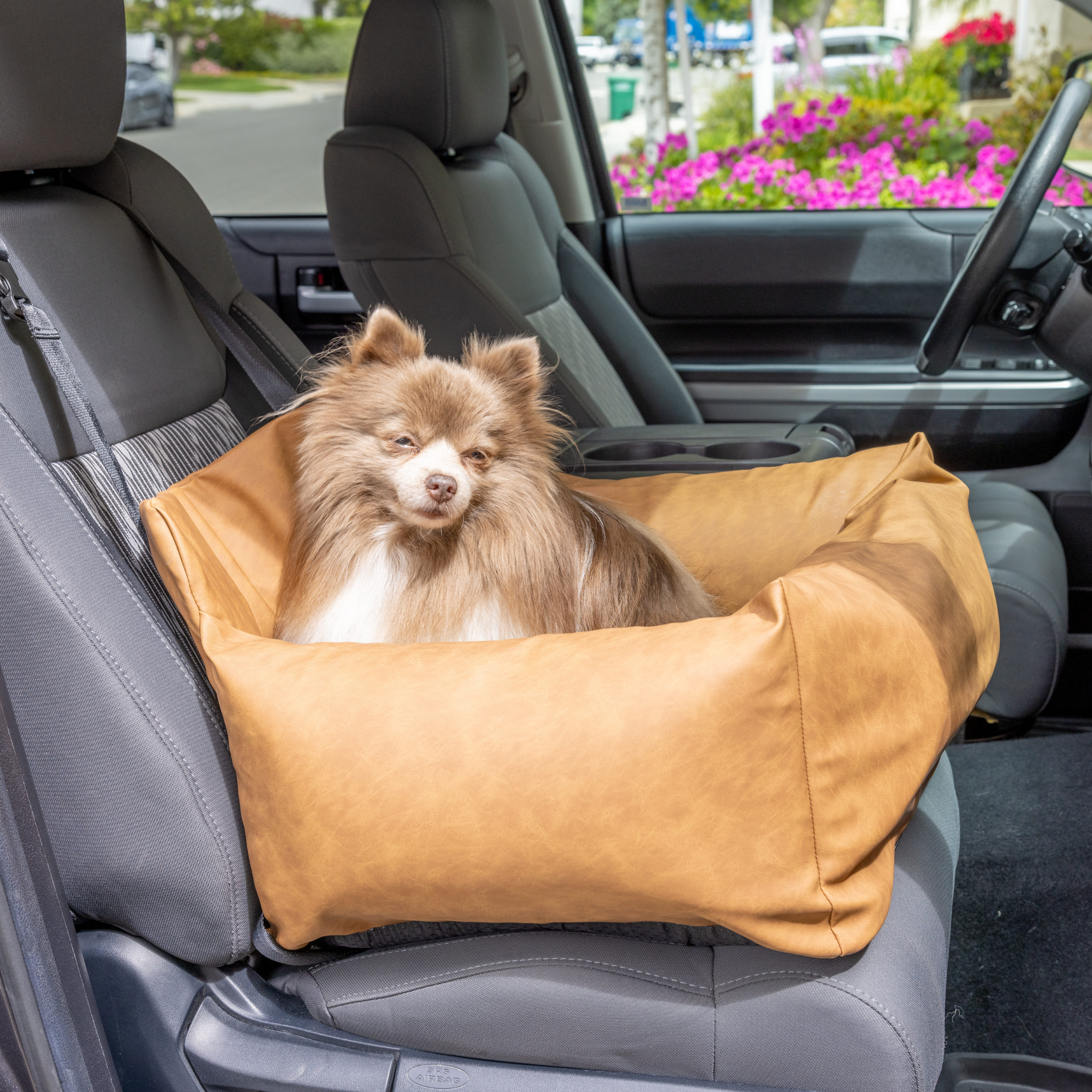 PupProtector™ Faux Cool-to-Touch Vegan Leather Memory Foam Dog Car Bed - Camel