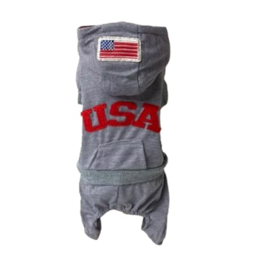 Dog Hoodie Jumpsuit, Athletic Style Pet Apparel, Grey With Red Logo, Casual Sports Outfit For Small Dogs ?Thin Material? (Glay,