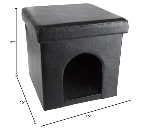 Cat House – Collapsible Multipurpose Small Dog Or Cat Ottoman With Footrest, Cushioned Top, And Interior Pillow By Petmaker (Black)