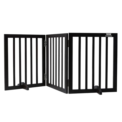 Vevor Free Standing Dog Gate, Wooden Freestanding Pet Gate 24' H X 60' W, 3 Panels Foldable Dog Gate For Wide And Narrow Passageways, Expandable Dog Barrier With Silent Foot Support For Indoor, Brown