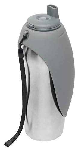 Messy Mutts Stainless Steel Travel Water Bottle With Silicone Flip Up Bowl | Pet Travel Necessity | Camping, Hiking, Walking Accessory | 24 Oz / 700Ml | Grey