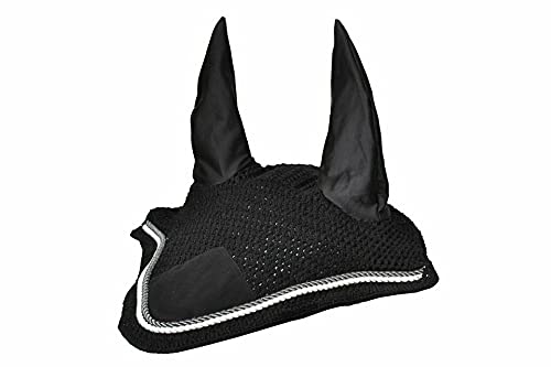 Horse Fly Bonnet Double Piping Ear Net Fly Veil Mask Breathable Cotton Crochet Horse Tack (Full, Black 1)