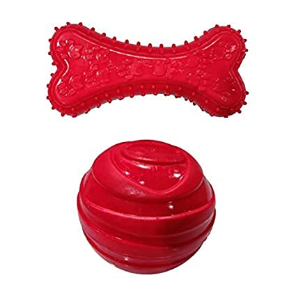 Rvpaws Rubber Chew Dog Toy Combo Red Ball + Red Bone For Puppies/Dogs