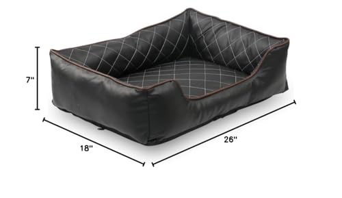 Happycare Textiles Luxury All Sides Faux leather Rectangle Pet Bed. Black color, 26x18 inches